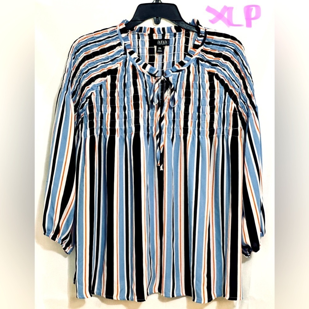 LADIES WHITE TOP WITH BLACK, BLUE & PINK STRIPES